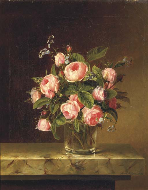 Pink roses and forget-me-nots in a glass on a marble ledge., 1842, Hanne Hellesen