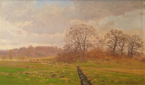 A meadow near the woods at Nørre Alslev., 1874, Hans Gabriel Friis