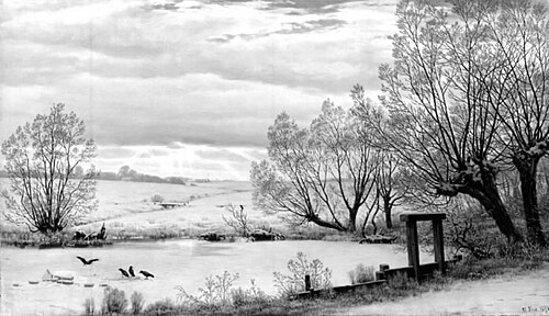Ved en mølledam. Vinter, 1875, Hans Gabriel Friis