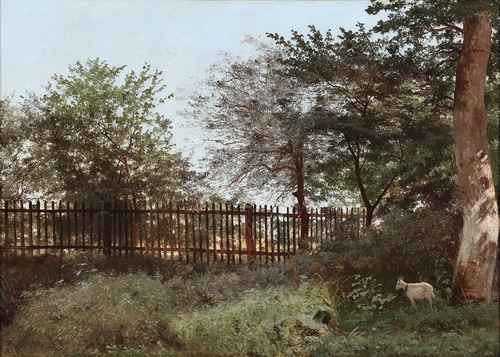 Garden with a goat standing by a large tree, in the background yellow fields., 1850, Heinrich Buntzen