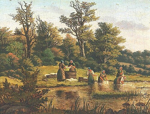 Landscape with women washing clothes in a stream., 1842, Heinrich Buntzen