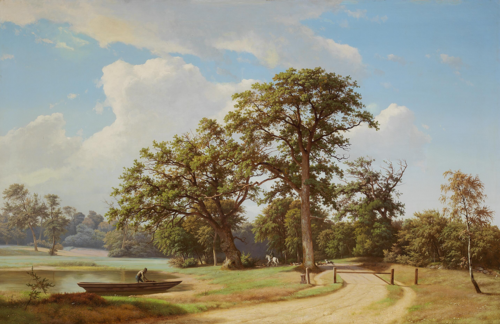 Woodlands with a rider and a man at a rowboat., 1863, Heinrich Buntzen