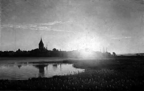 Solopgang over en kystby, 1894, Henrik Gamst Jespersen