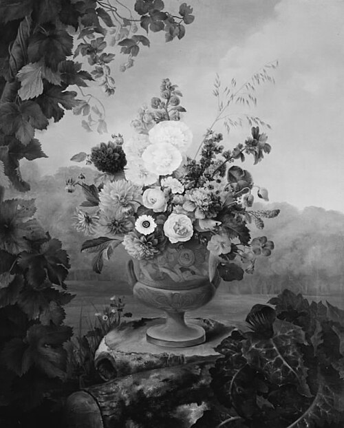 Vase i græsk stil med blomster, stående på en træstub, 1832, Hermania Neergaard
