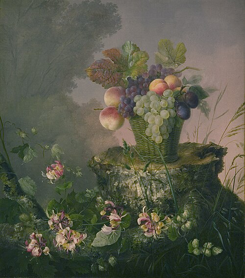Blomsterkurv med frugt ved en træstub, 1844, Hermania Neergaard