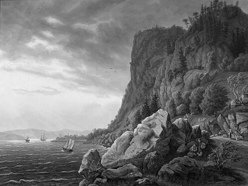 Indsejlingen til Holmestrand i Norge med vejen fra Drammen langs klippevæggen. Tidlig morgen, 1845, Jens Peter Møller