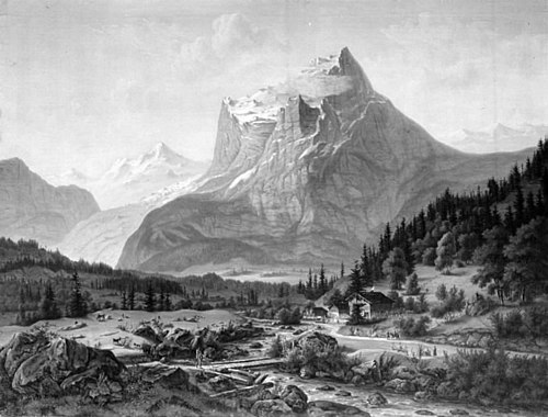 Et schweizerlandskab med bjerget Wetterhorn, 1835, Jens Peter Møller