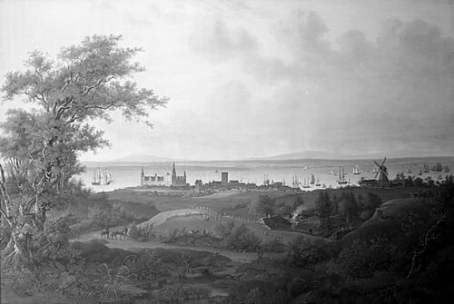 Udsigt over Kronborg, Helsingør og Sundet, 1825, Jens Peter Møller