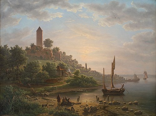 Kysten ved Vordingborg med Gåsetårnet en tidlig morgen, 1848, Jens Peter Møller