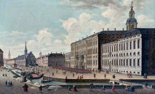 View of Copenhagen with Christian IV's stock exchange and Christiansborg Castle., 1760, Jacopo Fabris