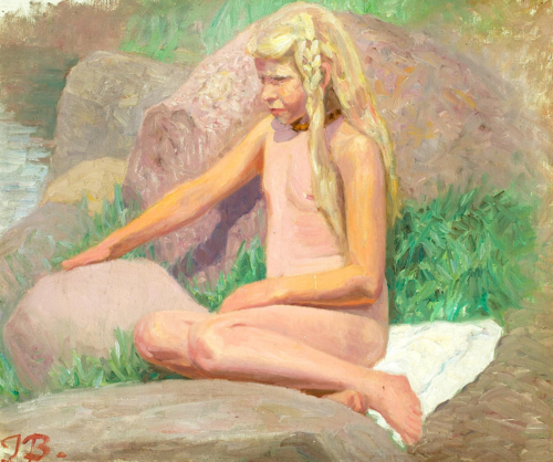 A girl sitting near the water. Study., 1913, Jens Birkholm