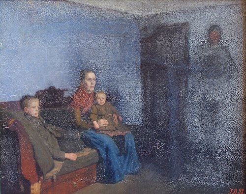 Sult. Interiør med en siddende kone og to børn, 1892, Jens Birkholm