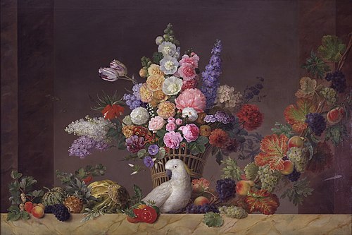 En kurv med blomster, en kakadue og en frugtranke, 1829, Johannes Ludvig Camradt