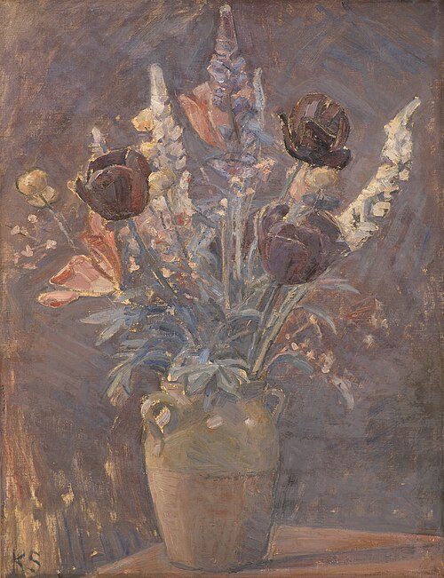 Lervase med tulipaner og andre blomster, 1911, Karl Schou
