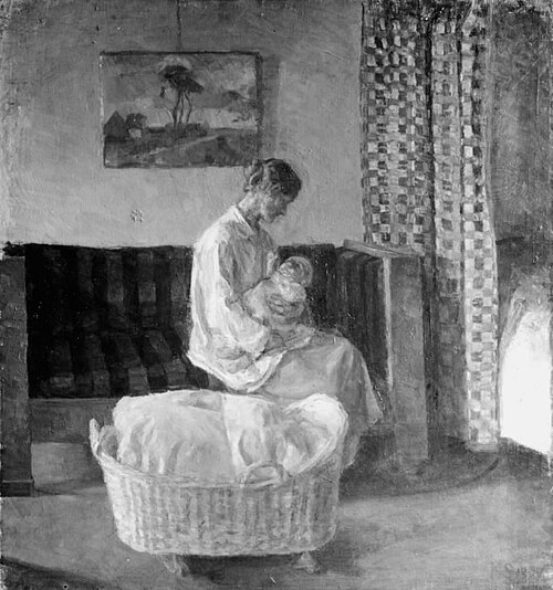 Marie Schou, f. Hansen, kunstnerens første hustru med sit barn, 1897, Karl Schou
