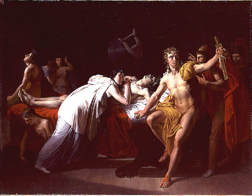 Briséis pleurant le corps de Patrocle dans la tente d'Achille, 1815, Jean Alaux