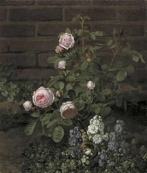Et mosrosetræ omgivet af sommerblomster, 1864, O.D. Ottesen