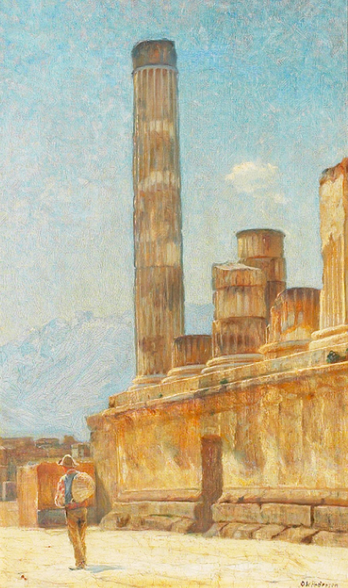 Mediterranean scenery with a man walking near ruins., 1886, Ole Pedersen