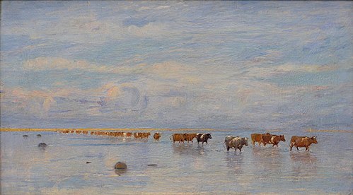 Køerne går over fladstranden i Odense Fjord, 1891, Ole Pedersen