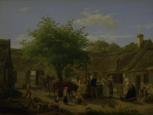 Billede af livet i en sjællandsk bondegård ved middagstid, 1852, Peter Julius Larsen