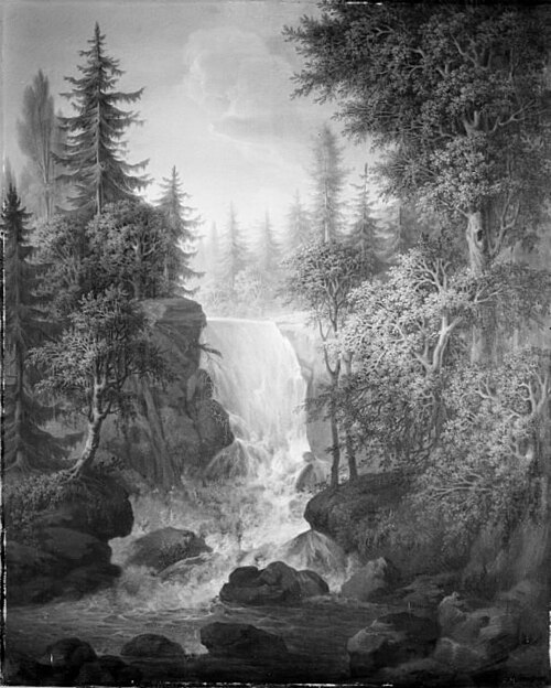 Skovrigt landskab med et vandfald, 1813, Samuel Mygind