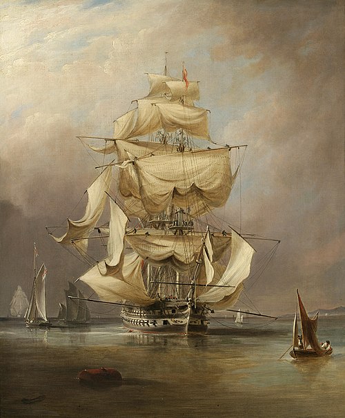 H.M.S. Asia taking in her sails, , Richard Brydges Beechey