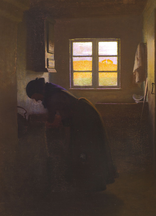 Kitchen interior with woman working., 1890, Valdemar Schønheyder Møller