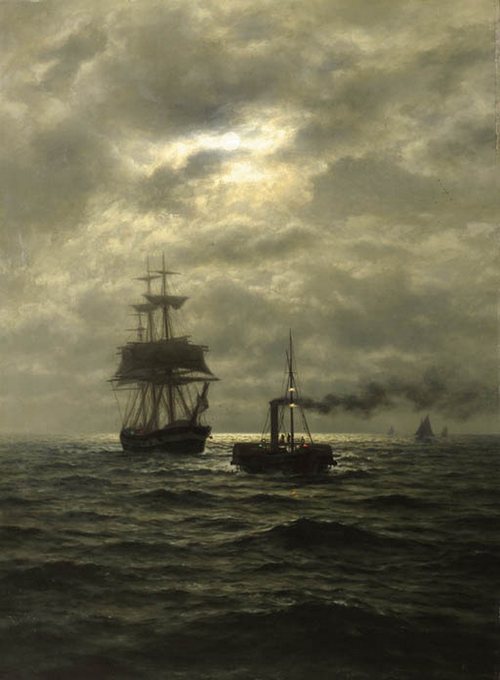 Tug and three-master in moonlight., 1887, Wilhelm Ferdinand Xylander