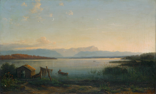 View of a lake with a man in a rowboat., 1862, Wilhelm Ferdinand Xylander