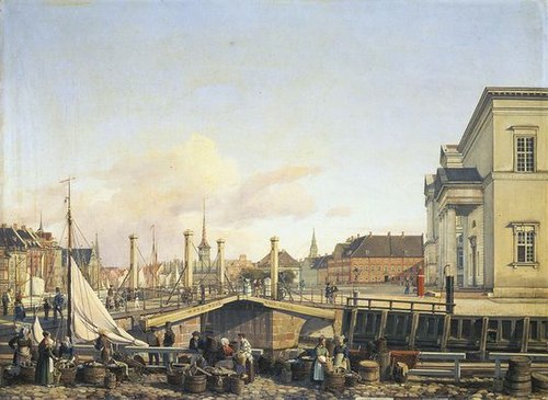 Højbro and women selling fish at Gammel Strand in Copenhagen, Denmark., 1839, Wilhelm Peter Carl Petersen