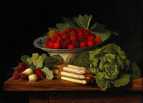 A still life with strawberries in a bowl and radishes, asparagus and a head of lettuce resting on a , 1848, William Hammer