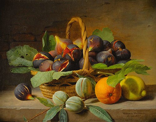 Still-life of figs in a basket and fruit on a ledge, 1855, William Hammer