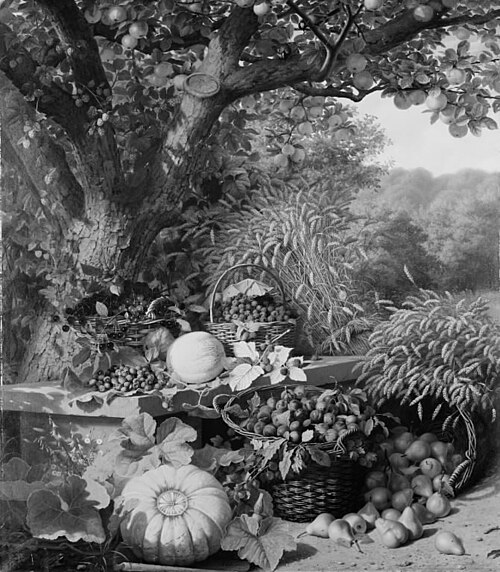 Korn og frugter under et æbletræ, 1860, William Hammer