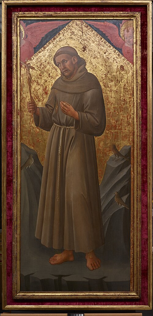 St. Francis of Assisi receives the miraculous stigmata while in prayer on a mountainous retreat Flor, , Domenico di Michelino