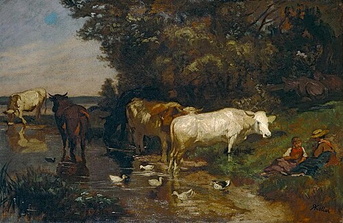 Kühe mit Kindern und Enten am Wasser beim Zürichhorn, 1876, Rudolf Koller