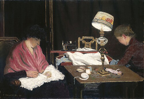 Femme, châle rose, cousant à la lampe, 1901, Félix Vallotton