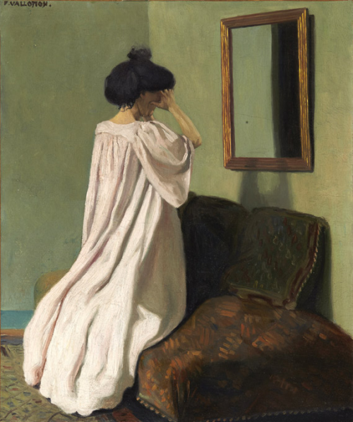 Gabrielle Vallotton agenouillée devant une glace sur le divan de l’atelier de la rue des Belles-Feui, 1905, Félix Vallotton
