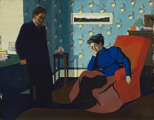 Interior with red armchair and figures, 1899, Félix Vallotton