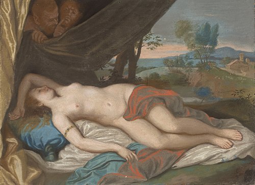 Slapende nimf bespied door saters, naar een schilderij gebaseerd op een prent naar Anthony van Dyck, 1750, Jean-Étienne Liotard