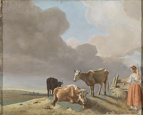 Landscape with cattle, sheep and a shepherdess, 1761, Jean-Étienne Liotard
