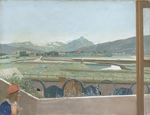 Vue sur le massif du Mont-Blanc du studio de l'artiste à Genève, avec auto-portrait, 1760, Jean-Étienne Liotard