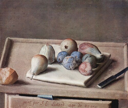 Nature morte. Fruits sur une serviette, un petit pain, un couteau, 1782, Jean-Étienne Liotard