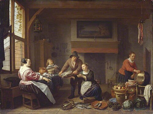 Kitchen Interior with a Man Bringing Fish for Sale, 1657, Hendrick Martensz Sorgh