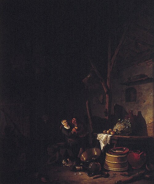 Interior of a barn with a peasant courting a woman, 1649, Hendrick Martensz Sorgh