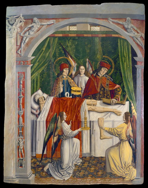 Le rêve du bedeau : Saint Côme et Saint Damien procédant à une guérison miraculeuse par la transplan, 1495, Master of Los Balbases