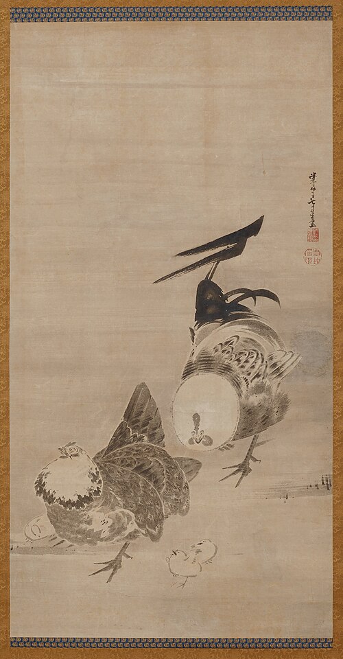 Roosters, Hen, and Chicks [right of a pair], 1795, Itō Jakuchū