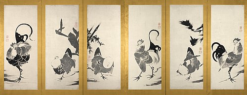 Roosters and Hens [left of a pair], , Itō Jakuchū