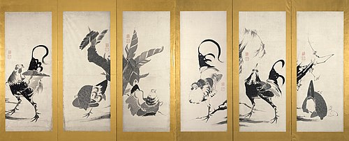 Roosters and Hens [right of a pair], , Itō Jakuchū