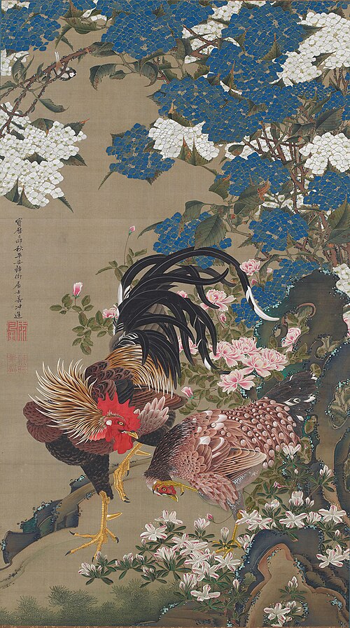 Rooster and Hen with Hydrangeas, 1759, Itō Jakuchū