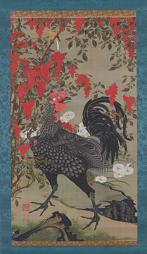 Black rooster and nandin, 1763, Itō Jakuchū